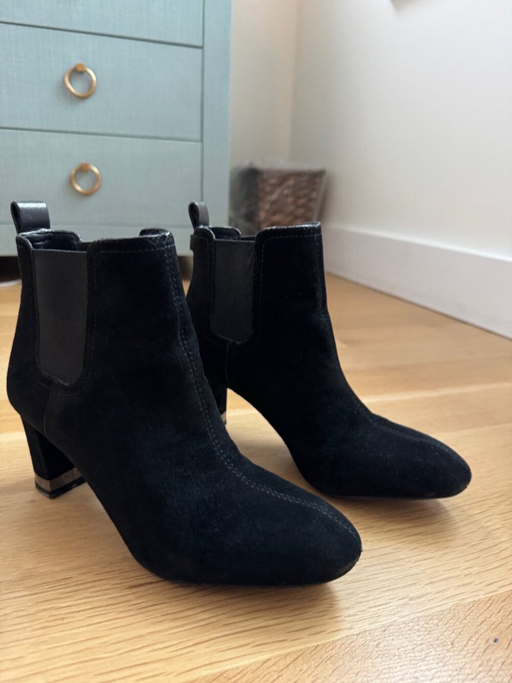 Tory Burch April Black Suede Chelsea Ankle Boots, size 6.5, with box.